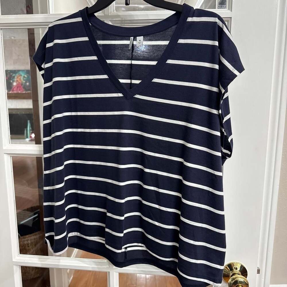 Nordstrom Navy and White Striped V-Neck Tee
